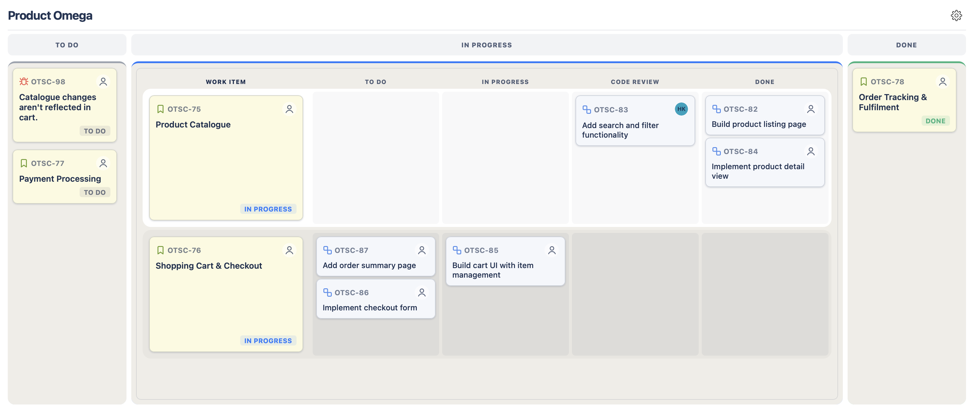 Old Skool Board for Jira — kanban view with parent work items pinned beside their sub-task swimlanes.